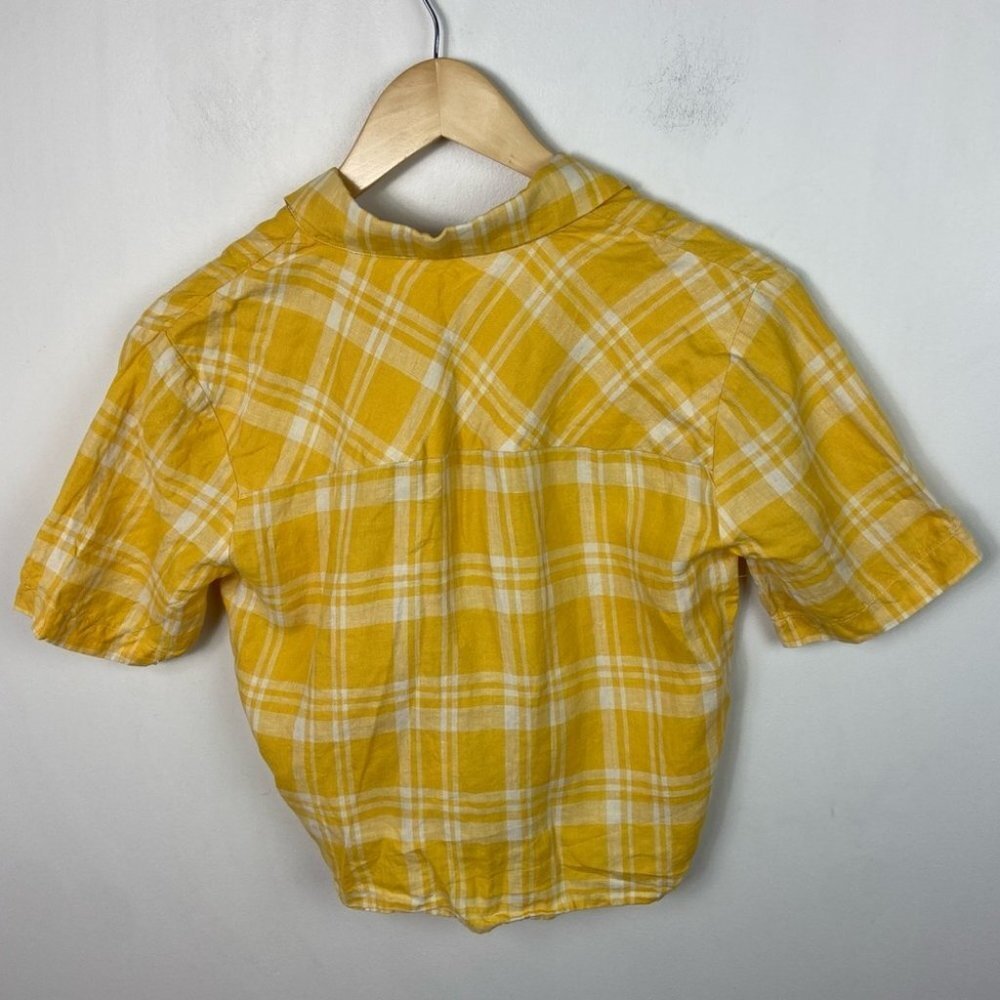 Aritzia Linen Wilfred Free Yellow Plaid Tie Front Short‎ Sleeve Button Down Top - Picture 9 of 10